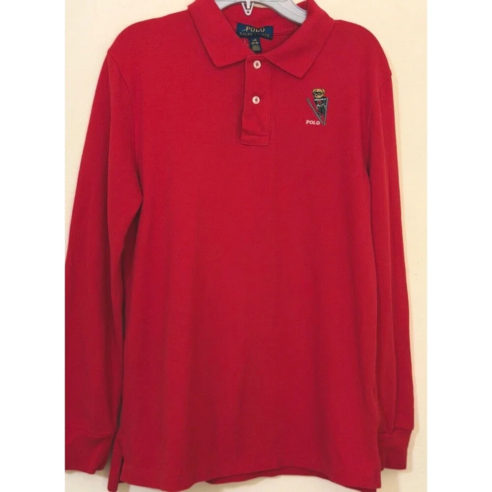 Polo Ralph Lauren Boys L 14-16 Red Long Sleeve Polo Bear Golf Shirt Cotton